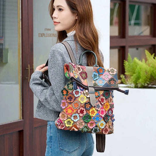 Handmade bag, three-dimensional floral romantic backpack, colorful patchwork retro backpack, luxurious travel experience