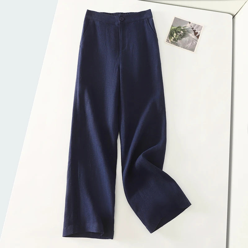 Cotton suit pants female summer new Korean fashion simple literary temperament elastic high waist leisure straight nine pants