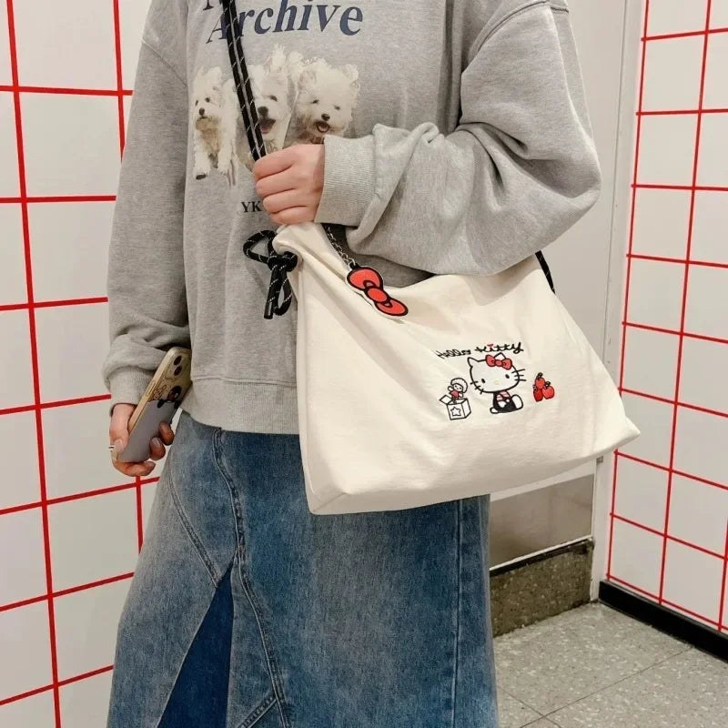 Sanrio Embroidered Canvas Shouler Bag for Women Girl College Student Cute Large Capacity Tote Durable Fashion