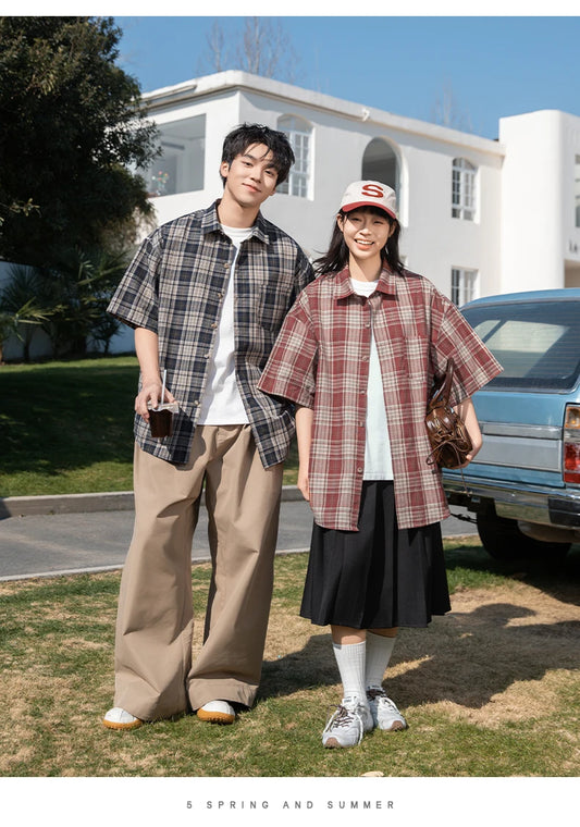 HANLU Summer Streetwear Unisex Oversized Cotton Shirt American Vintage Casual Lapel Short Sleeve Checkered Shirt Coat 2025 New