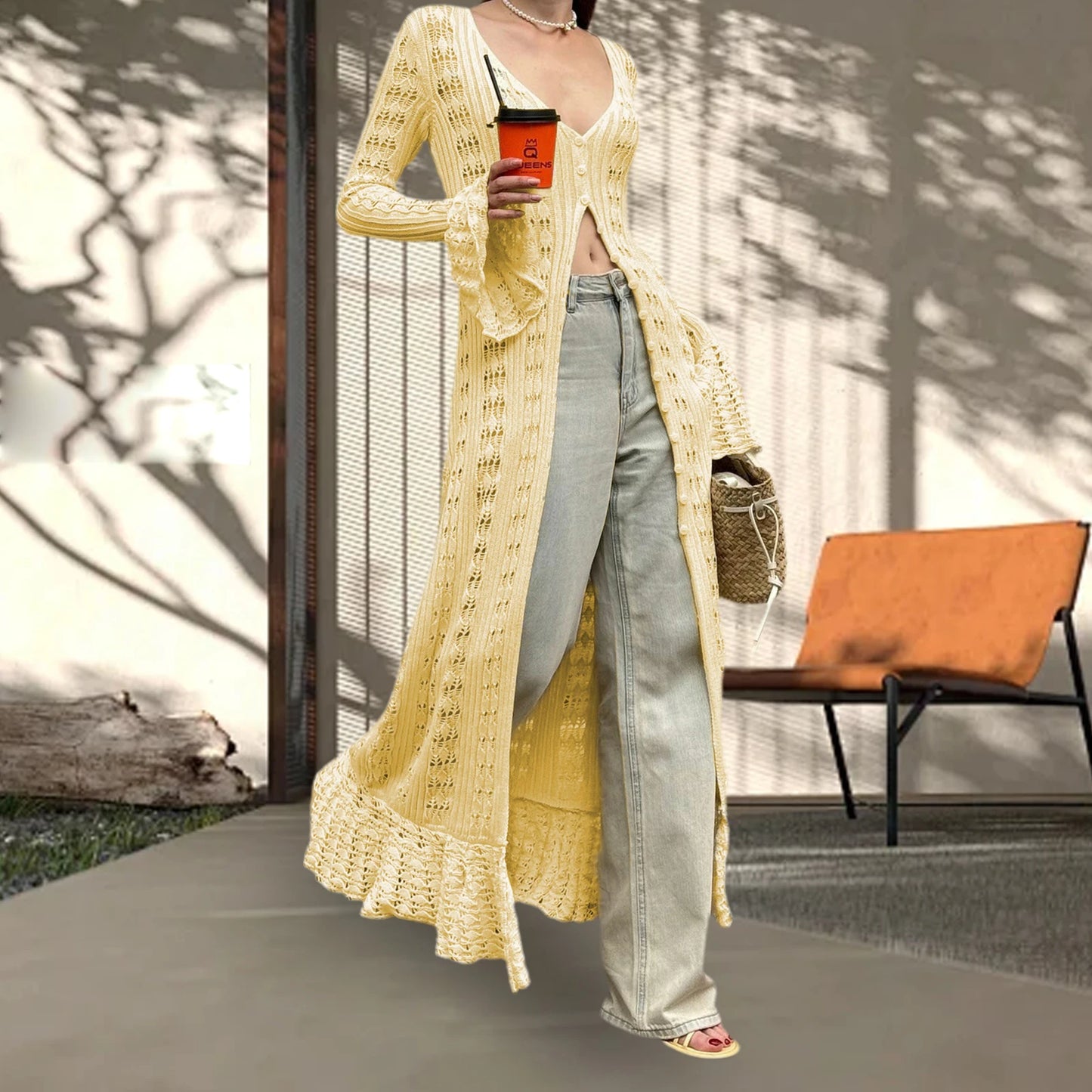 Women Knit Dress Long Sleeve Button Closure Cardigan Hollow Out Long Dress Top for Daily Street Summer Fall