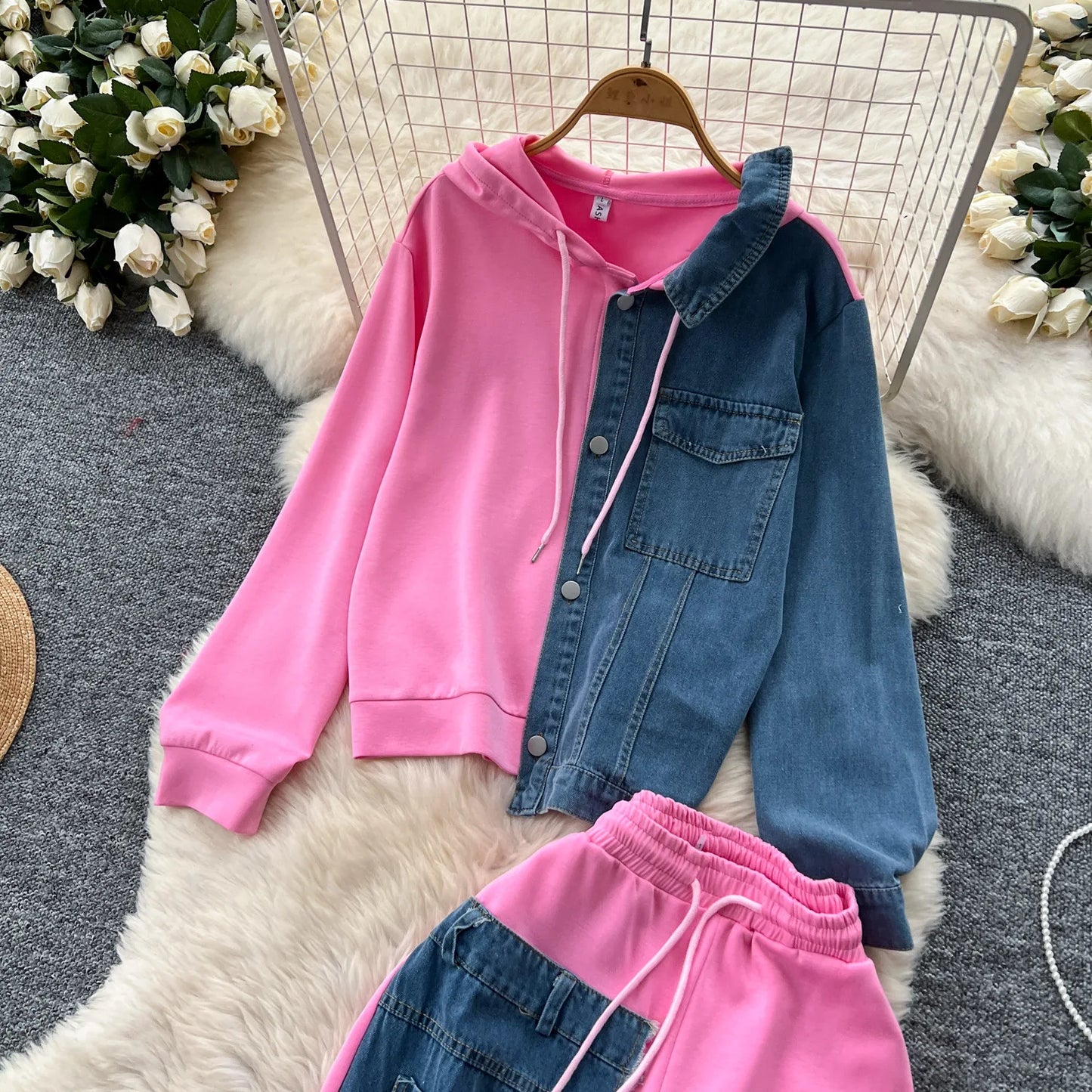 Pant Set Women Two Piece Sets Hooded Matching Sets Casual Loose Tops Wide Leg Long Pants Elastic Waist Lace Up Splice Denim 2025