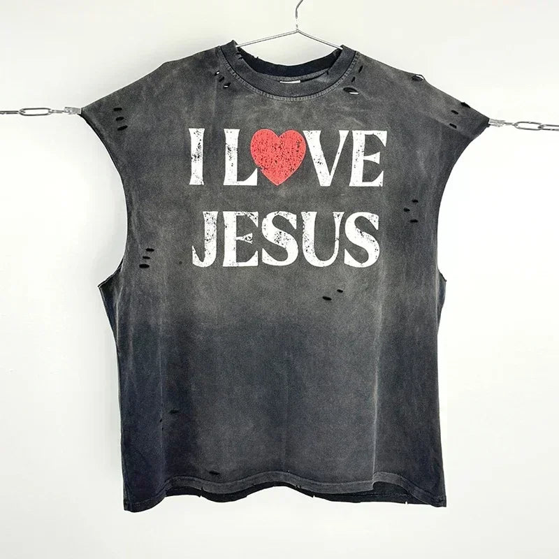 Red Skull Finger Print Damaged Hole Saint Tank Tee Men Women Streetwear Oversized Vest Vintage Washe Black Sleeveless T Shirt