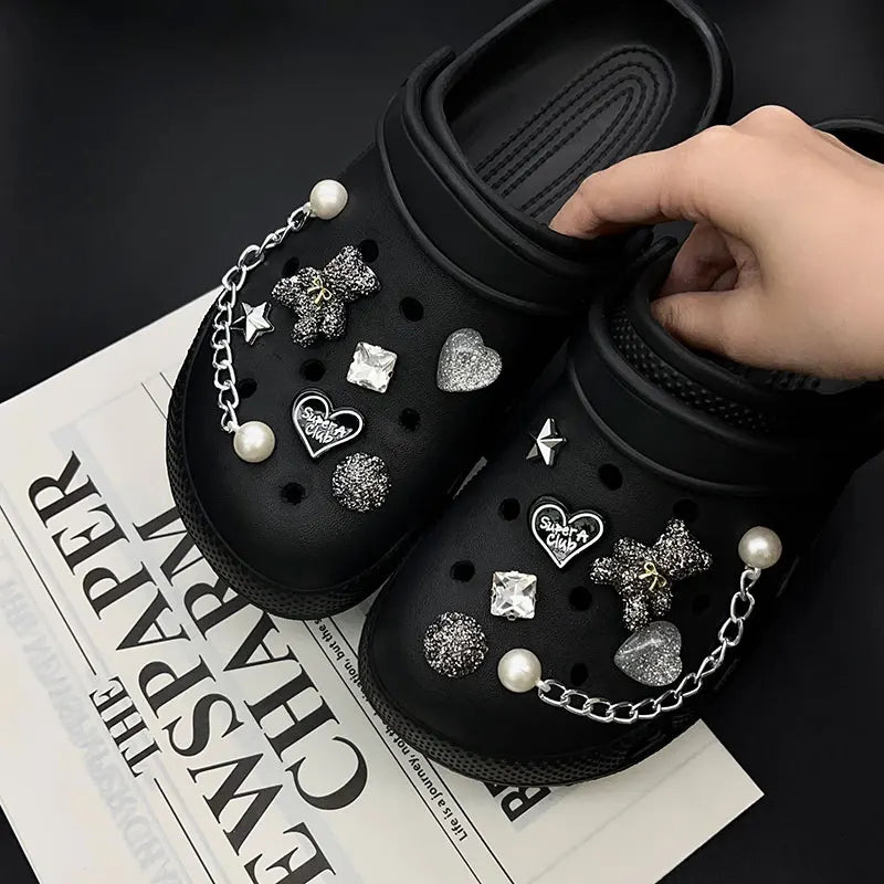 Sparkling Bear Love Rhinestone Pearl Chain Shoe Charms for Crocs Clogs Pins Decorations Slipper Accessories Garden Sandals Gift
