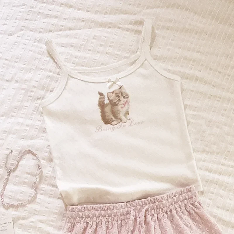Cute Tops Women Summer Cotton Camis Pink Bow Print Knitted Crop Top for Sweet Girl Lolita Style Kawaii Clothes