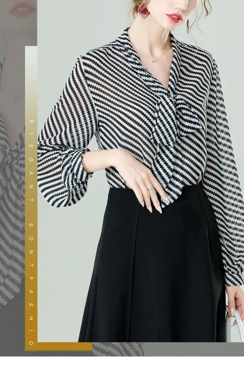 Spring Summer Women Chiffon Shirt Stripe Loose Long Sleeve Bow Office Fashion Urban Cardigan Elegant Women's Blouses 2022 5XL