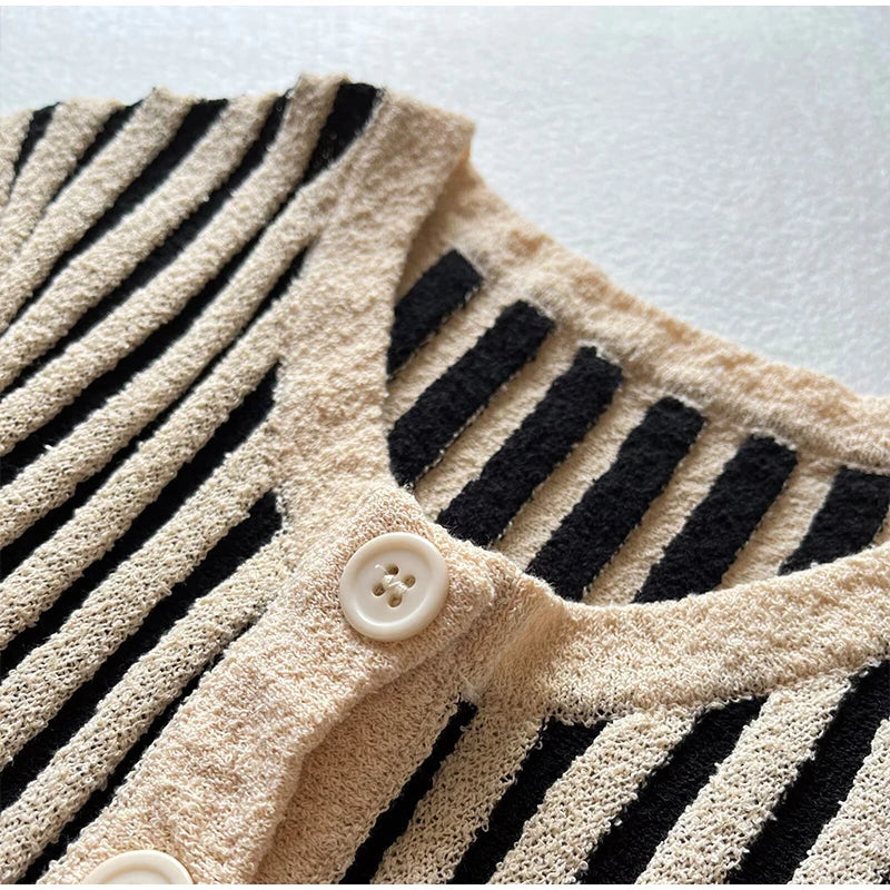Chic Striped Knitted Button Set Women Elegant Round Neck Short Sleeved Slim Fit Two-piece Suit 2025 New Summer Holiday Outfits