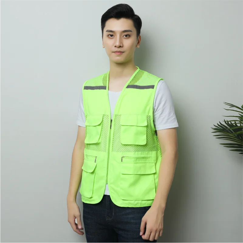 Customized construction site defense worker labor clothing reflective mesh breathable vest with multiple pockets vest