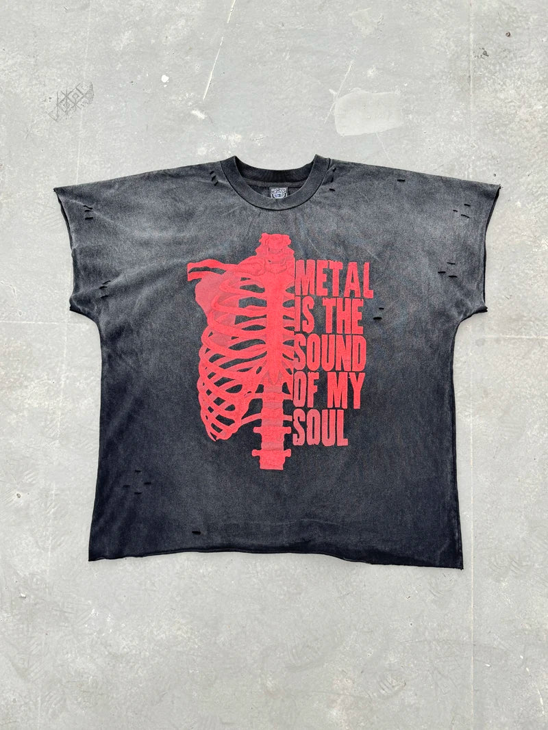 Half Red Skeletons Bone Print Box Tee Hole Damaged Tank Tops T-shirt Men Women Classic Text Graphic Short Sleeve T Shirt Clothes