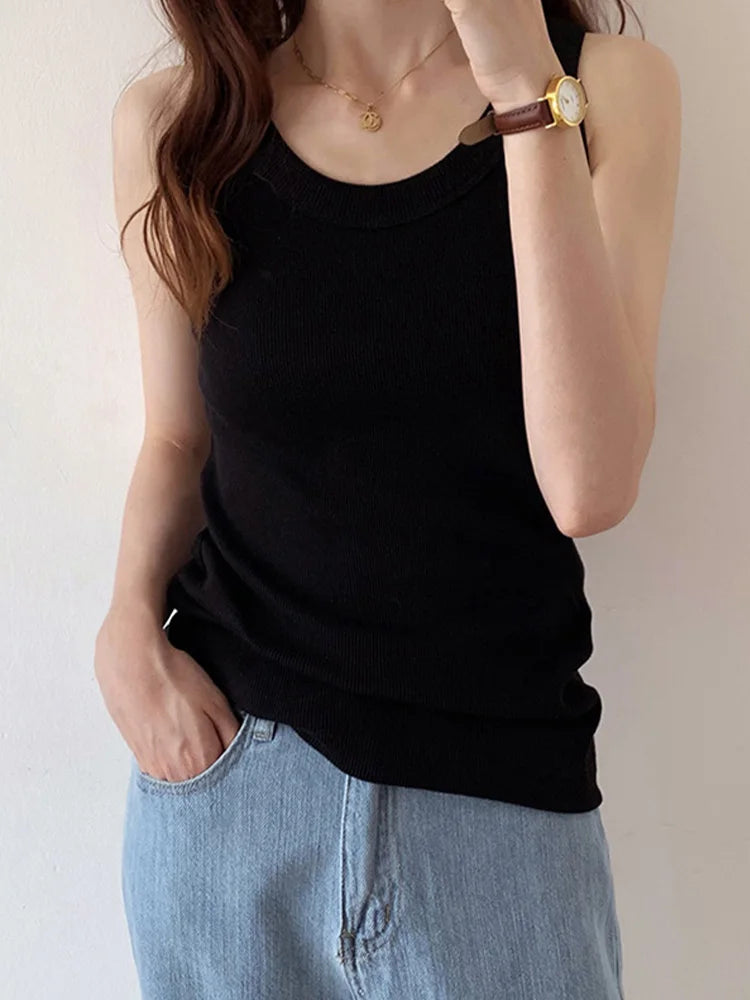 Summer Knitted Solid Color Tanks Top White Skinny Camisole Women Basic Camisole T-Shirt