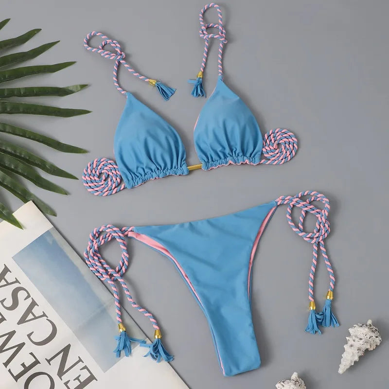 Women Bikini Rope Triangle Swimsuit Multicolor Sexy Low Waisted Bikini Set Swimsuit Swimwear Women BeachwearBrazilian biquini