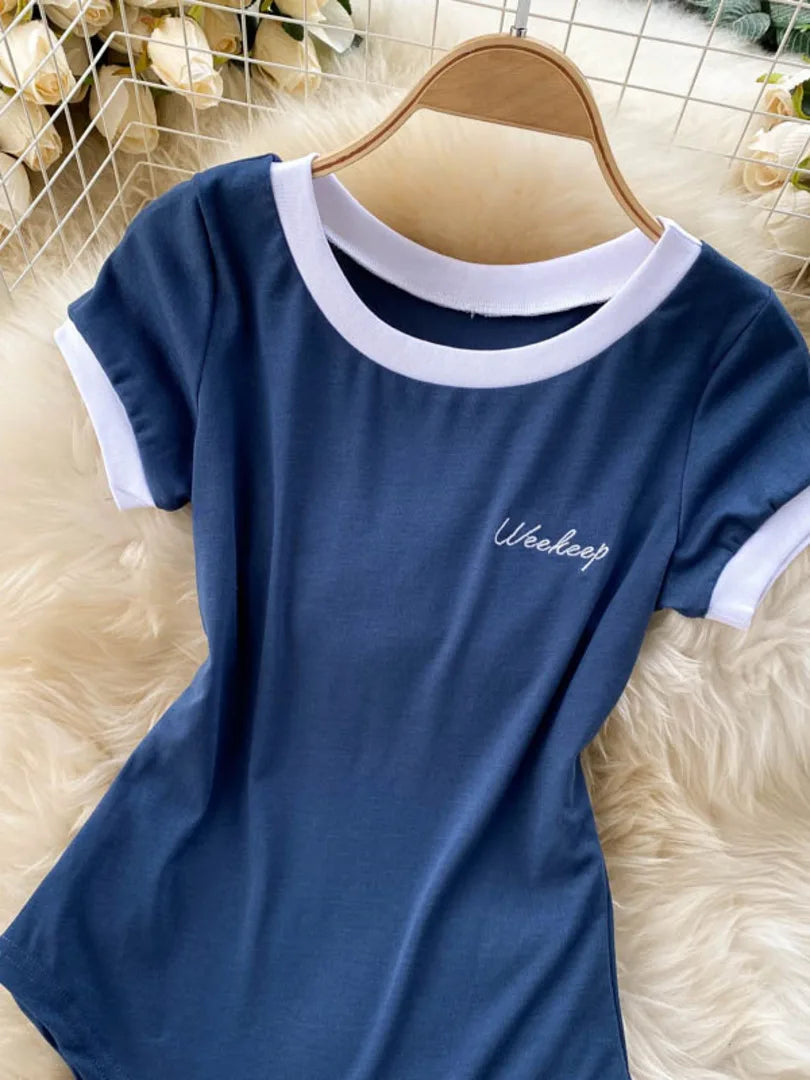 Foamlina Short Sleeve Knitted Skinny Bodysuit Women Summer Fashion Color Block Letters Embroidery O-neck Slim Body Top Jumpsuit
