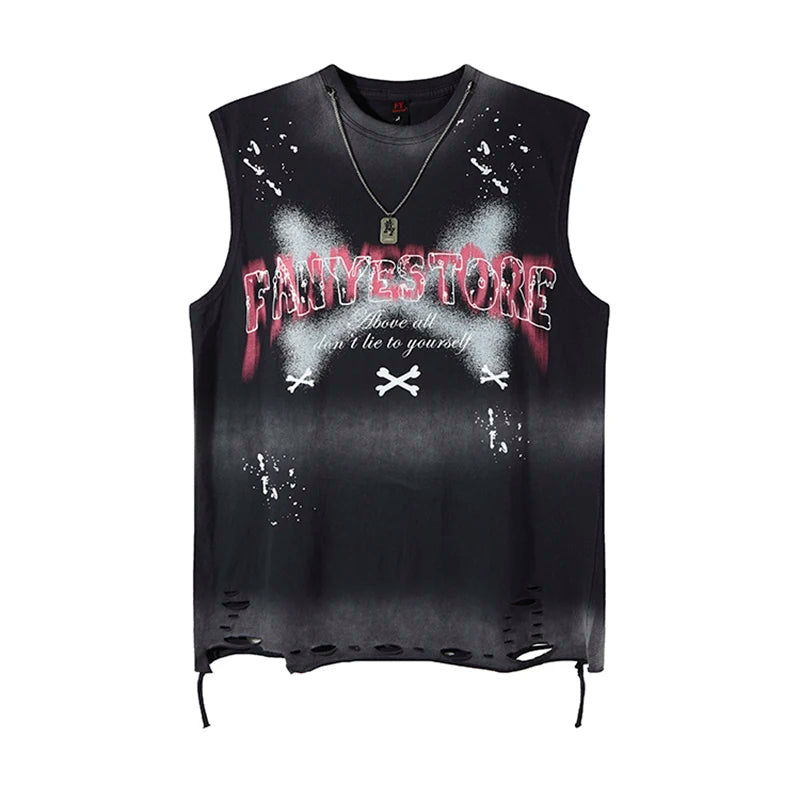2025 Summer Washed Tank Tops V Cut Baggy Hip Hop Splash-ink Ripped Tshirts Sleeveless Tops Necklace Mens Oversize Vests Y2k