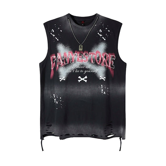 2025 Summer Washed Tank Tops V Cut Baggy Hip Hop Splash-ink Ripped Tshirts Sleeveless Tops Necklace Mens Oversize Vests Y2k
