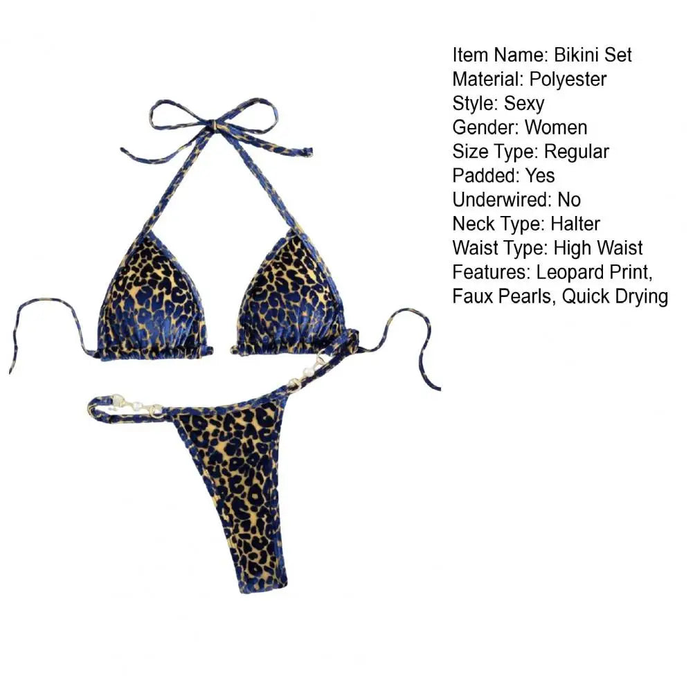 2Pcs/Set Women Bikini Set Leopard Print Halter Bra Faux Pearls Briefs Set Quick Drying Two-piece Lady Swimsuit Beachwear
