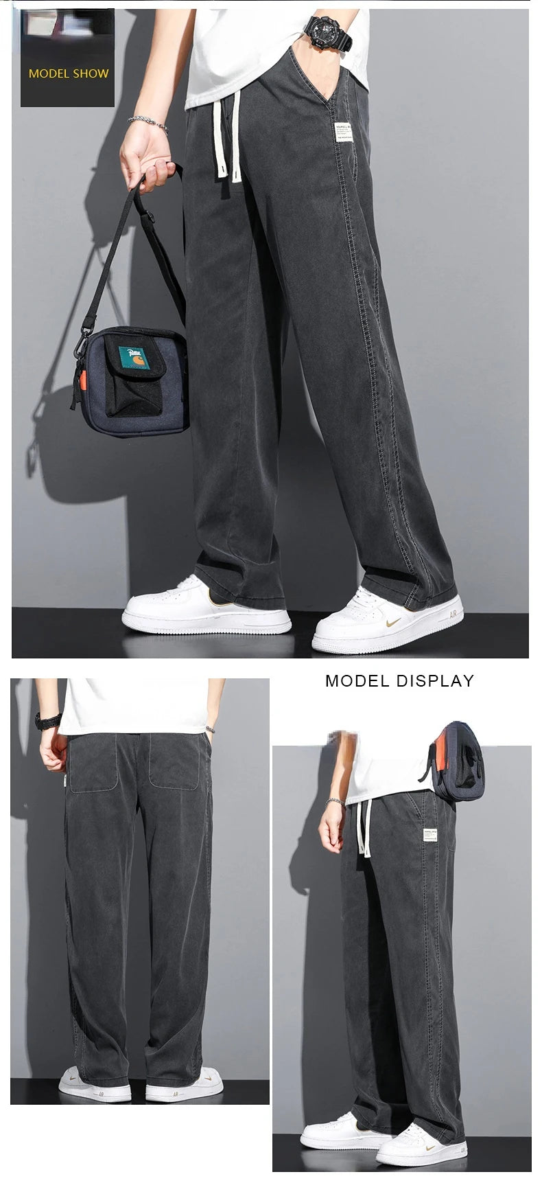 Summer Soft Lyocell Fabric Men's Jeans Thin Loose Straight Pants Drawstring Elastic Waist Korea Casual Trousers Plus Size