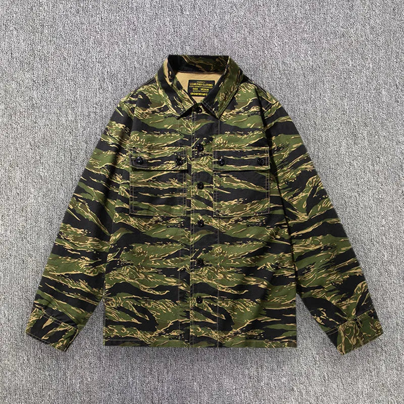 2025 Spring Men's Tiger Stripe Camo Camouflage Cargo Shirt Fashion Work Engineer Long Sleeved Shirt Jacket With Double Pockets