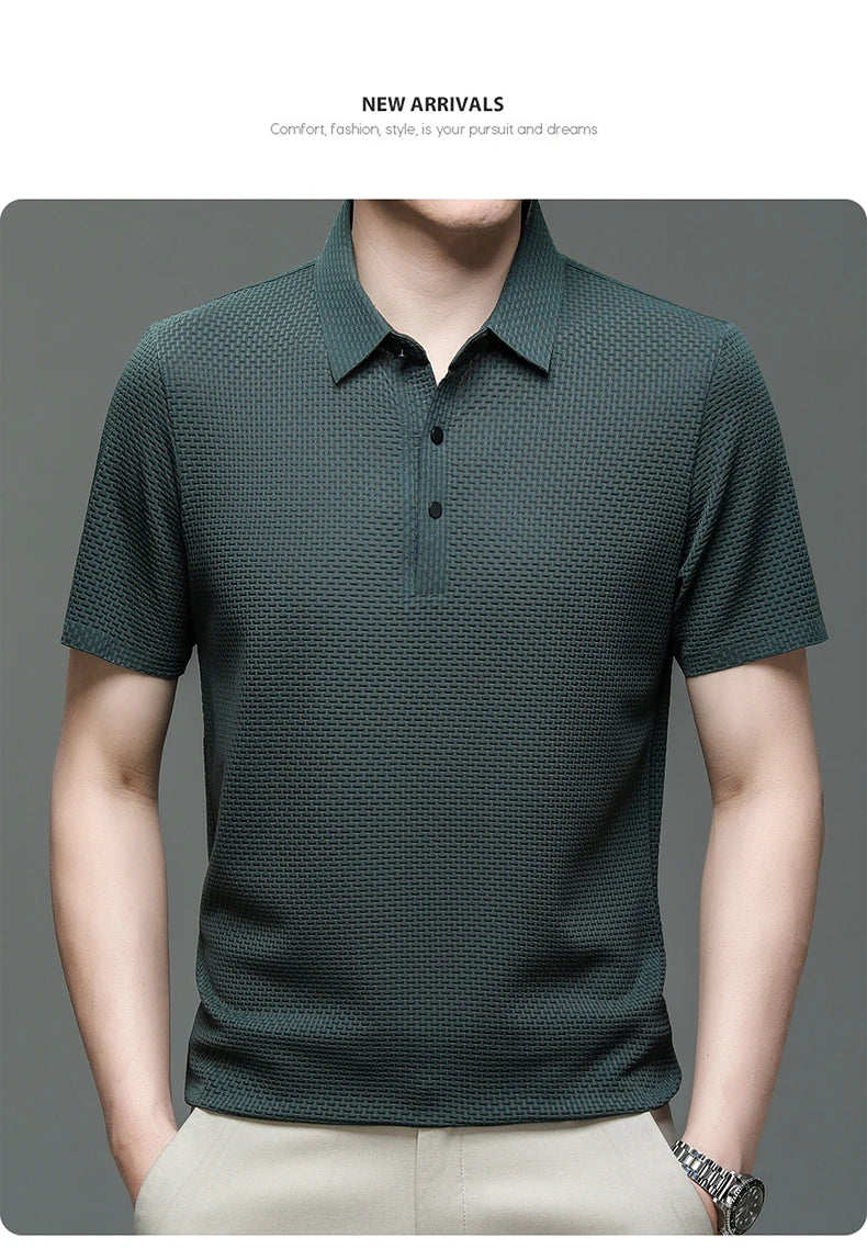 Summer New Men's Lop-up Hollow Short-sleeved Polo Shirt Ice Silk Breathable Business Fashion T-Shirt Male Brand Clothes