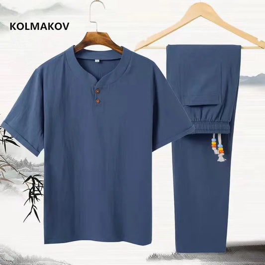 (Shirt + trousers) 2025 summer men shirt Cotton and linen shirts elastic waist Short sleeve casual men's shirts men size M-5XL