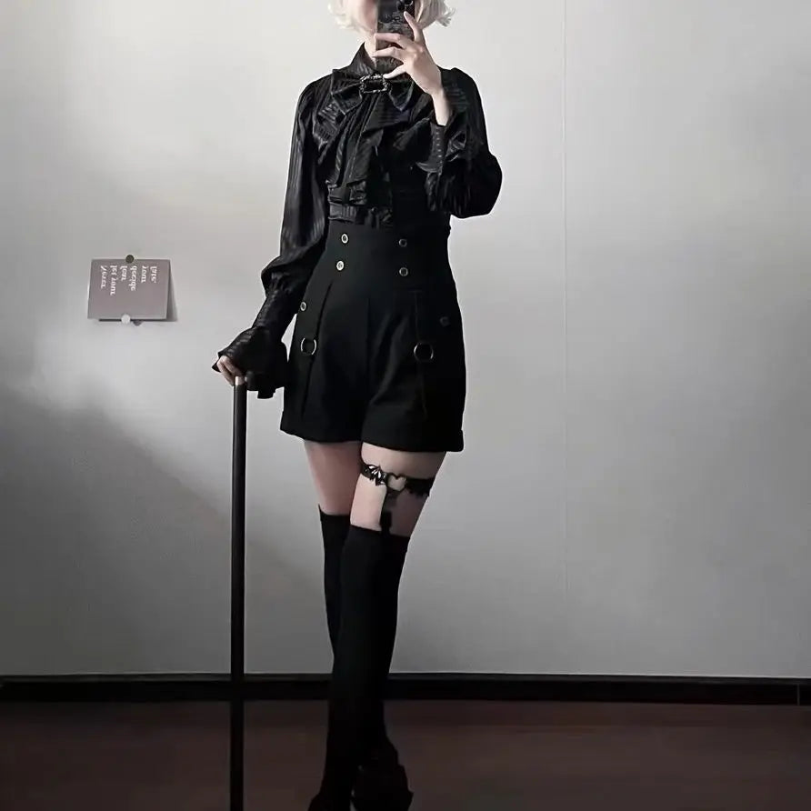 British Style Retro Dark Goth Handsome Black Trench Coat Women Girls Lolita Fake Two Vest White Coats Jacket Y2k Cosplay Clothes