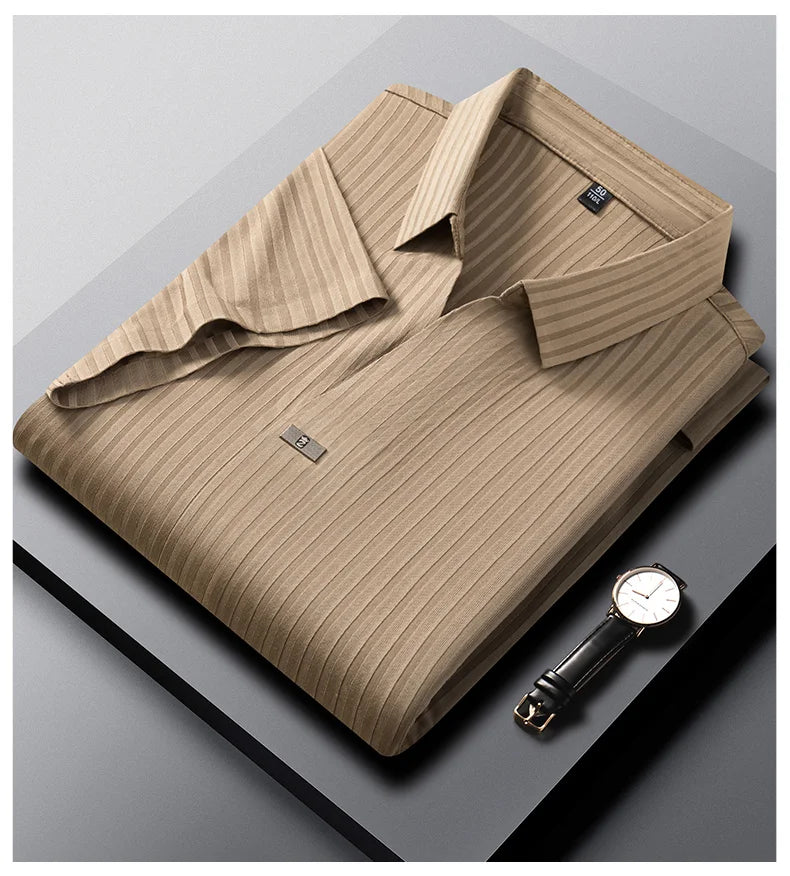 High quality personality texture stripe short sleeve polo shirt summer ice silk breathable buttonless men's solid color T-shirt