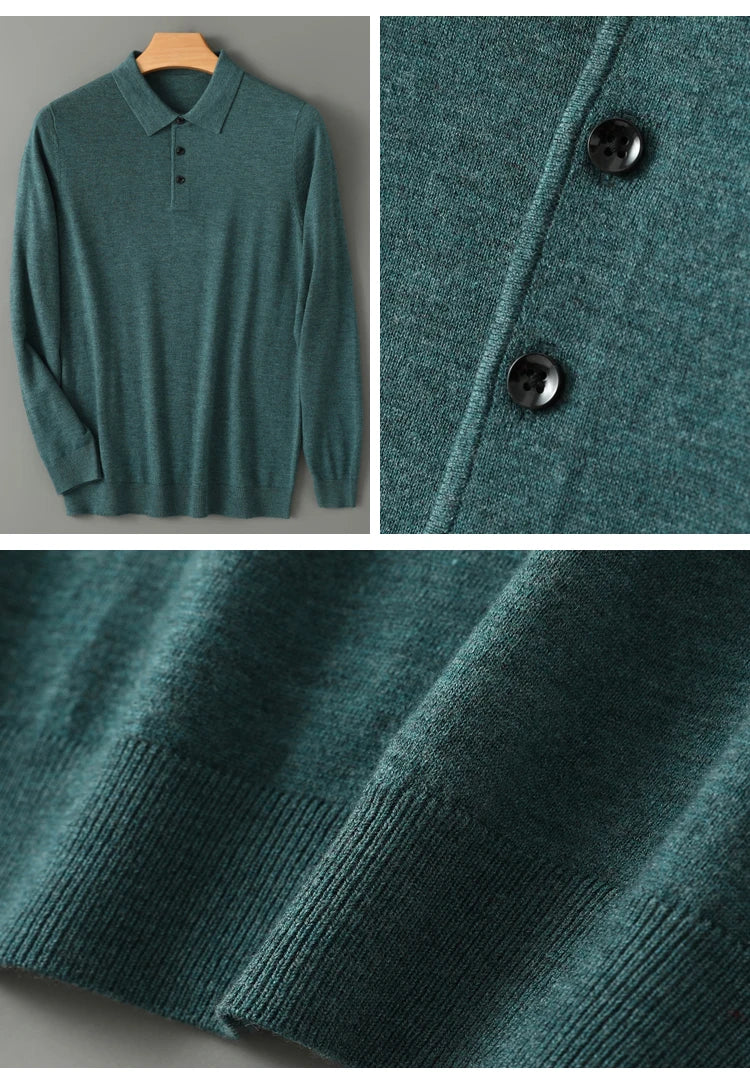 Spring Autumn Men Shirt  Merino Worsted Wool Knitted Pullover Long Sleeve Polo-Collar Clothing Tops Smart Casual Thin Outerwears