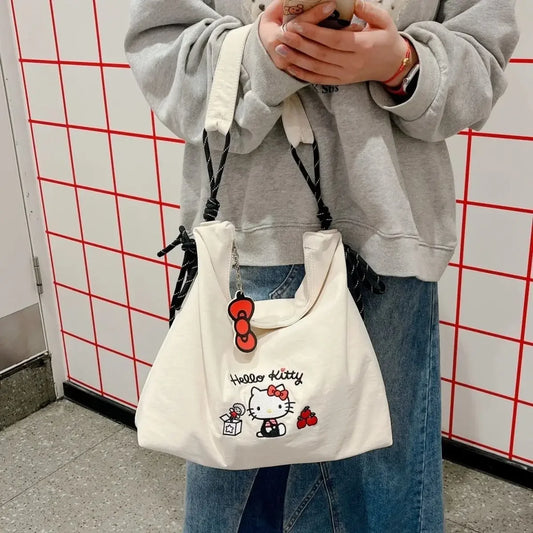 Sanrio Embroidered Canvas Shouler Bag for Women Girl College Student Cute Large Capacity Tote Durable Fashion
