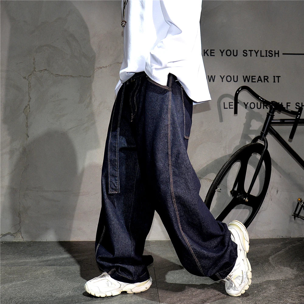 Mens American High Street Baggy Jeans Navy Blue Premium Denim Wide Leg Straight Loose Fit Korean Streetwear Trendy Pants Male