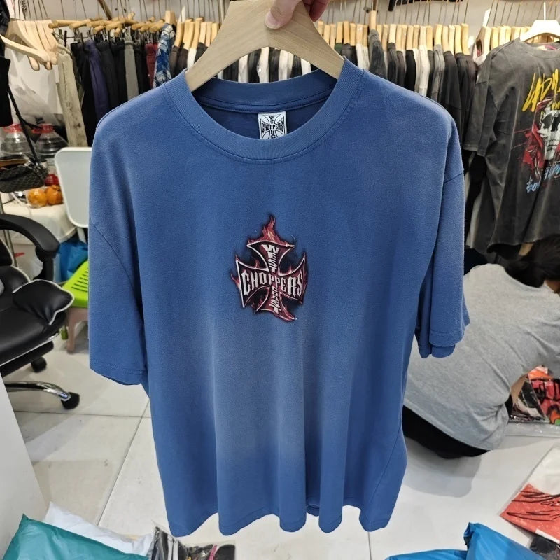 Vintage West Coast Choppers Printed T-Shirt Men's 100% Cotton Breathable Retro Biker Style Loose Fit Casual Streetwear