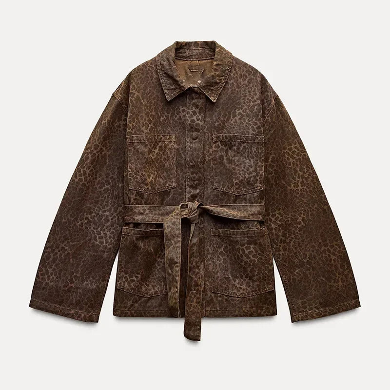 Leopard Printed Denim Single Breasted Belt Women's Coat Fashion Lapel Long Sleeve Short Jacket Fall New Lady Highstreet Outwear