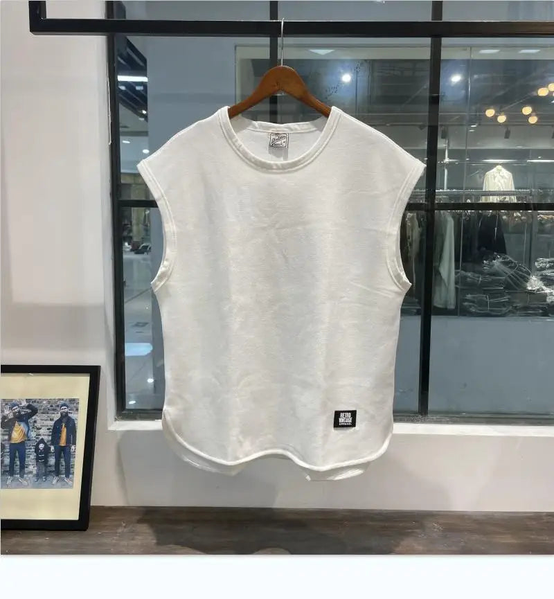 Trendy summer new waffle loose sports vest fitness sleeveless casual men's training solid color crew neck top