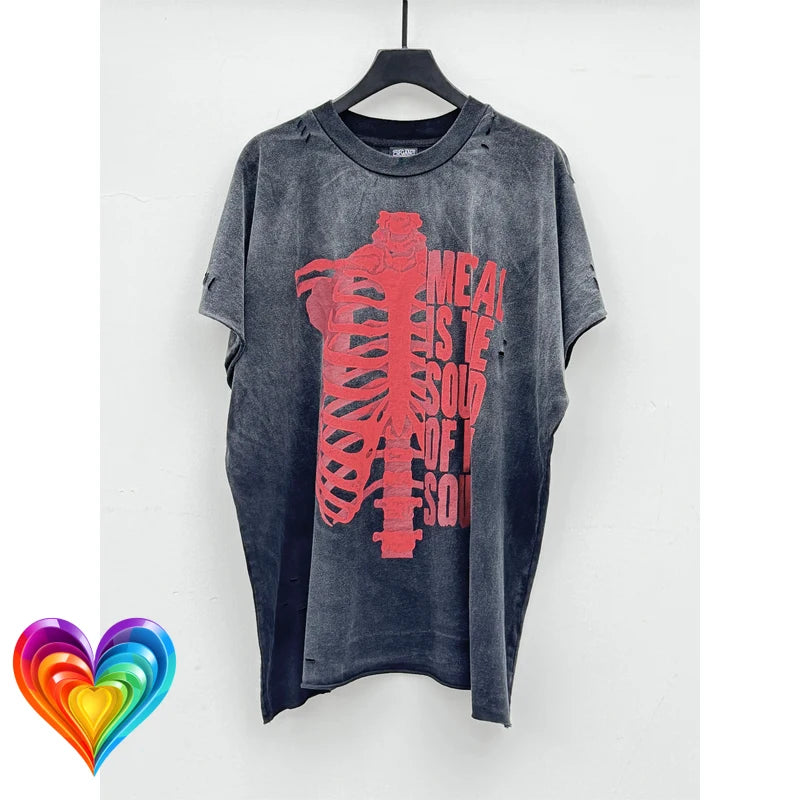Half Red Skeletons Bone Print Box Tee Hole Damaged Tank Tops T-shirt Men Women Classic Text Graphic Short Sleeve T Shirt Clothes