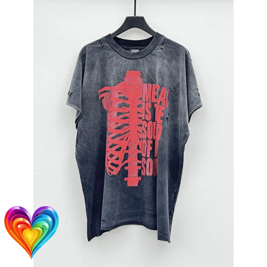 Half Red Skeletons Bone Print Box Tee Hole Damaged Tank Tops T-shirt Men Women Classic Text Graphic Short Sleeve T Shirt Clothes