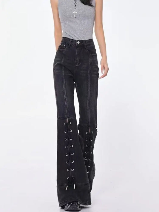 Fashion high street strap design retro black micro-flare jeans Y2k Goth women slim fit new flared pants
