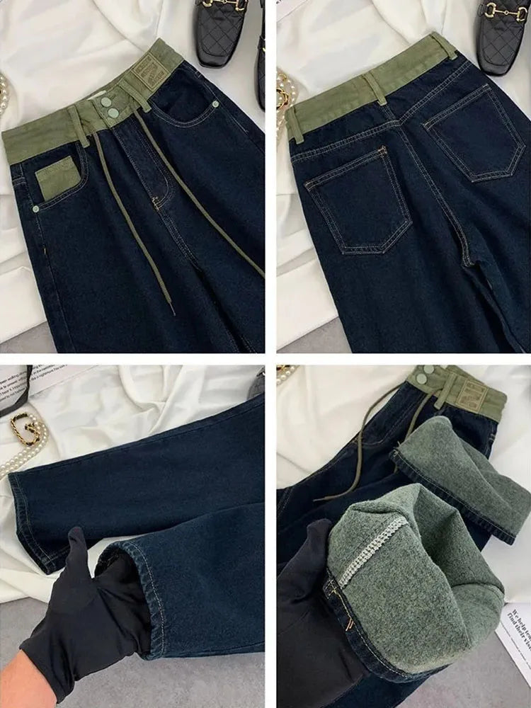 Korean Design Drawstring Baggy Straight Jeans Women Vintage Casual High Waist Wide Leg  Denim Pants Streetwear Loose Vaqueros