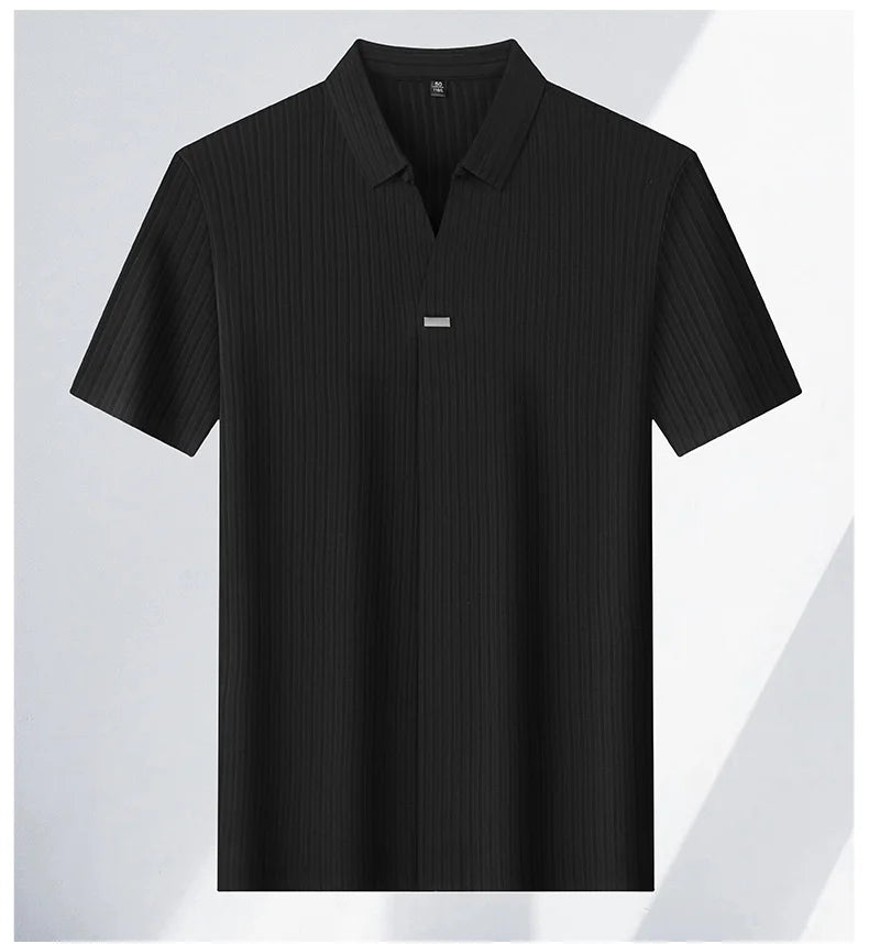High quality personality texture stripe short sleeve polo shirt summer ice silk breathable buttonless men's solid color T-shirt