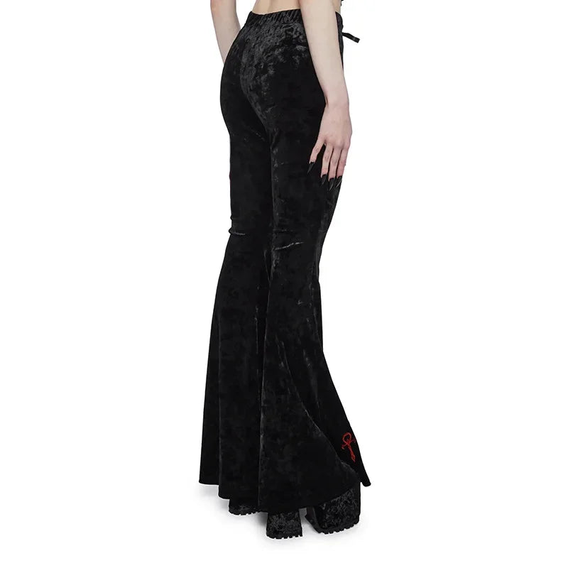 Harajuku Fashion Cross Embroidery Soft Long Pant Velvet High Waist Flare Pants Women Autumn Mall Gothic Slim Trousers