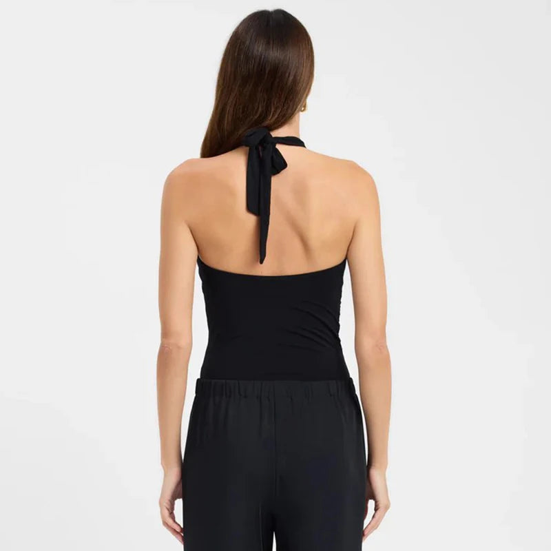 CUTENOVA Women'S Solid Color Hanging Neck Tie Hollow Out Metal Ring Strapless Backless Tank Top Summer New Fashion Street Tank