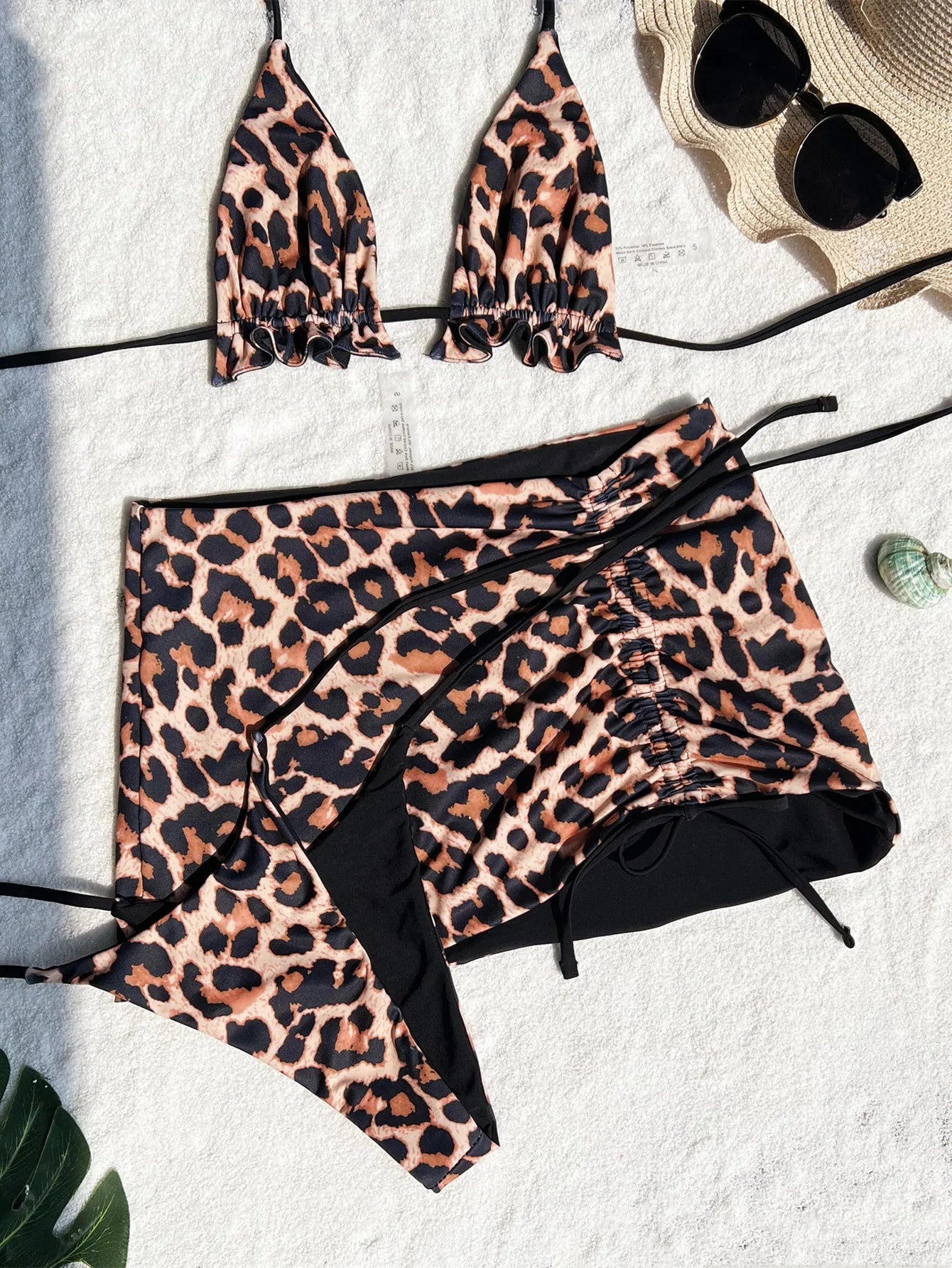 Reversable Swimsuit 2025 New Summer 3pcs Set Leopard female Swimsuit Top Bottom bikinis Cover Ups Tong Biquinis Swiming Suit