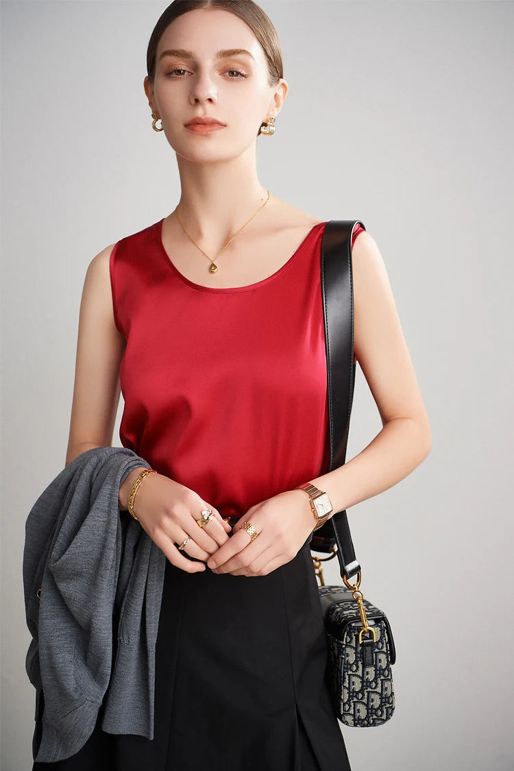 SuyaDream. Débardeur basique confortable pour femmes, 100% soie véritable, t-shirt Chic sans manches à col rond, gilets d'été solides 2025, blanc, rose, Beige