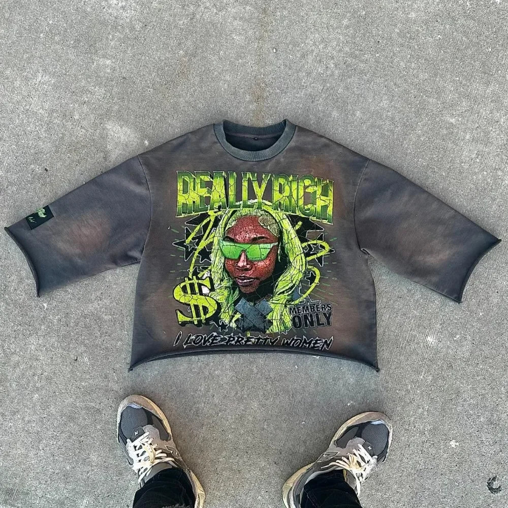 Y2K Harajuku Hip Hop Character Graphic Printed Seven Quarter Sleeves Tops Gothic Retro Dark Green T Shirt Mens Womens Clothing
