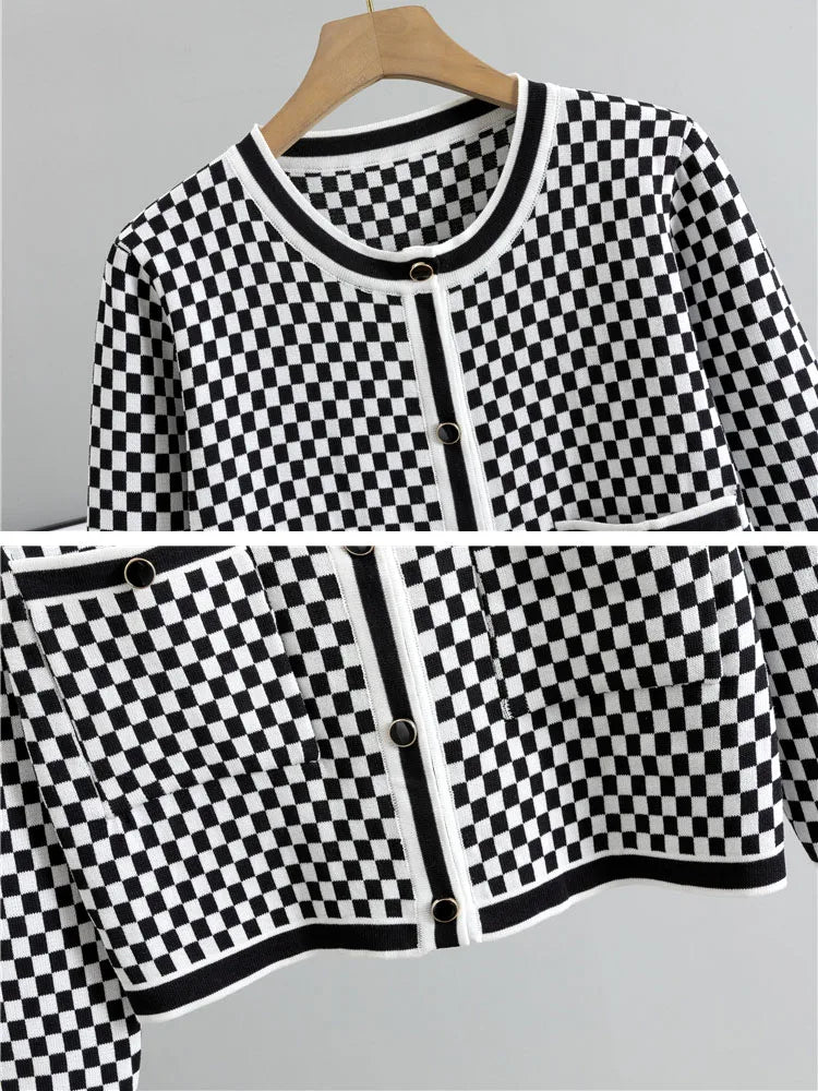 Plaid Design Knitted 2 Piece Sets Women Single Breasted Knit Sweater Cardigan Tops Conjuntos High Waist Wide Leg Pants Outfit