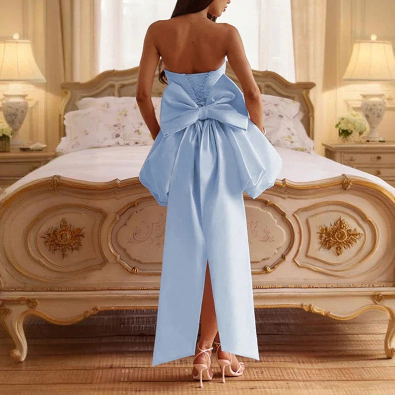 Women Evening Hollow Out Backless Solid Mini Party Dress Summer Ladies Sexy Bow Slim High Waist Holiday Temperament Dress 2025