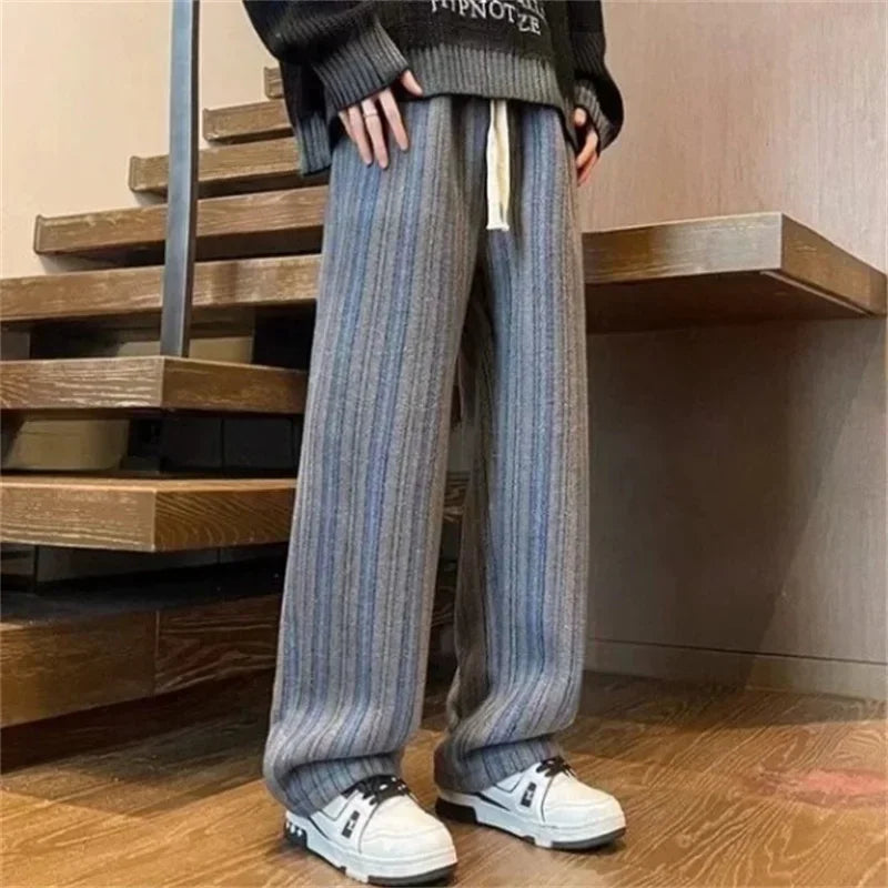 2025 New Men's Striped Woolen Straight Leg Trousers Classic Y2K Vintage Baggy Pants Casual High Street Fashion Gym Sweatpants