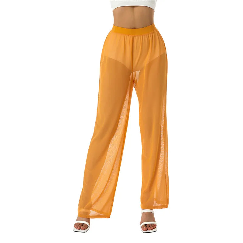 Women See Throug Mesh Cover up Pants Swimsuit Bikini Bottom Cover up Elastic Waist Loose Wide Leg Long Palazzo Pants Trousers