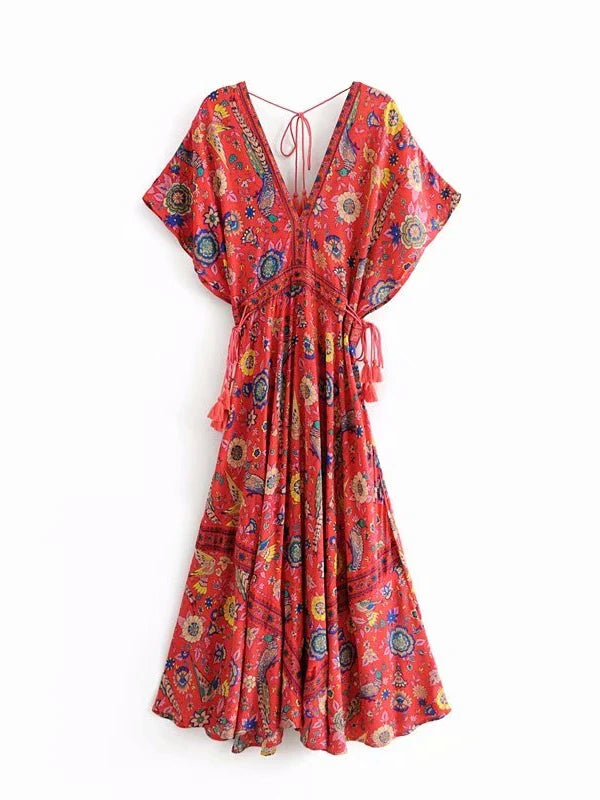 Robe Maxi Vintage Chic pour Femme, Imprimé Floral Paon, Manches Chauve-Souris, Bohème, Col en V, Pompon, Plage, Été