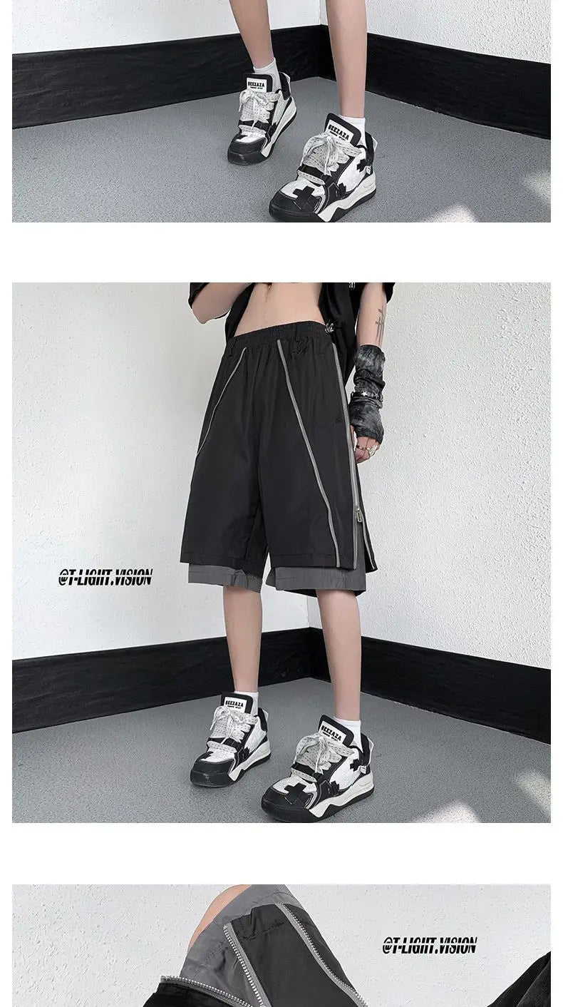 American Functional Shorts Men's Summer Design Fake Two-piece Zippered Trousers Loose Casual Pants