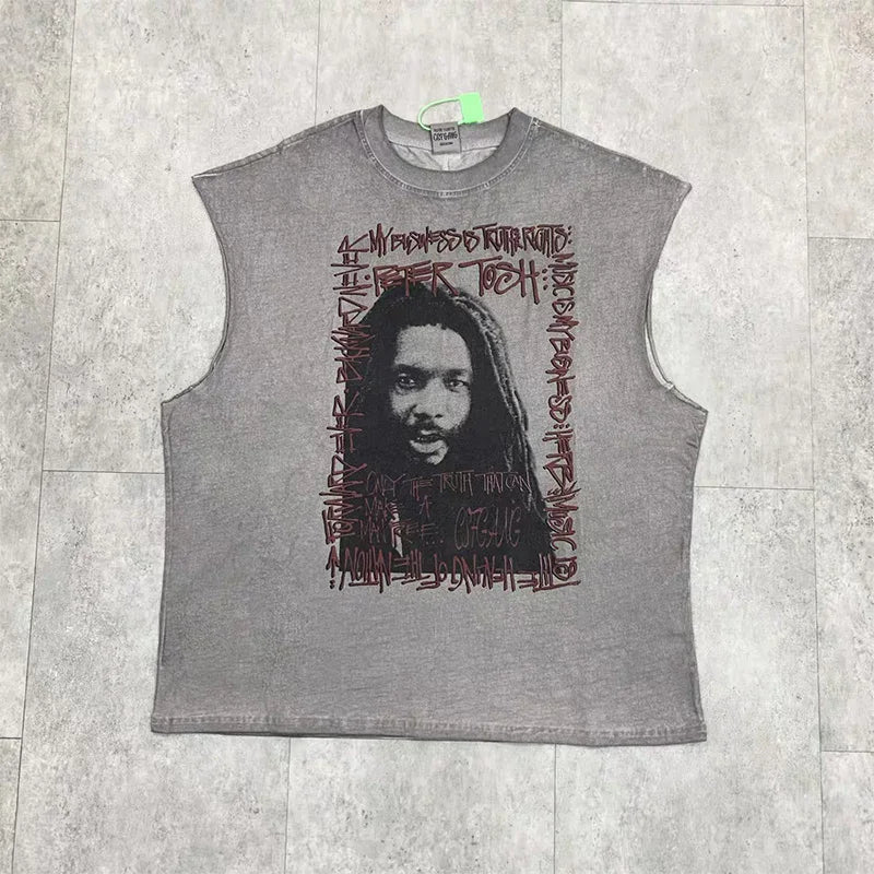 Vintage Washed Saint Sleeveless Tank T-shirts Oversize Men Woman Good Quality Black White Grey Hole Old Summer Streetwear