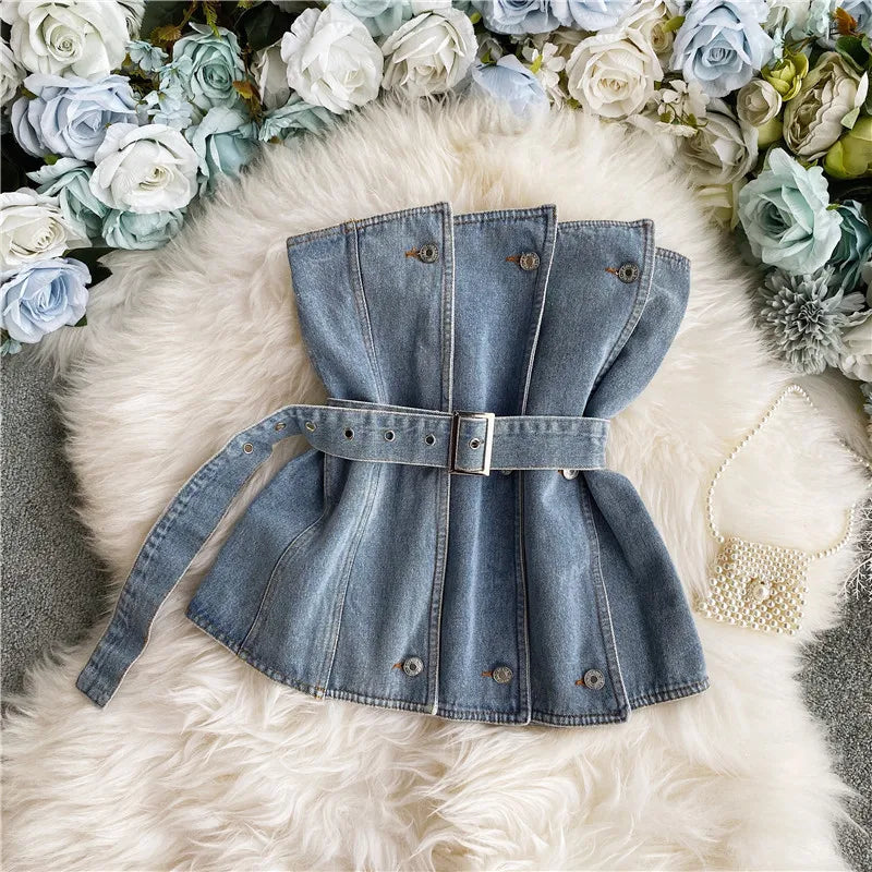 Fashion Strapless Denim Tops Summer Off Shoulder Women Short Vest With Belt Female Jean Tank Streetwear
