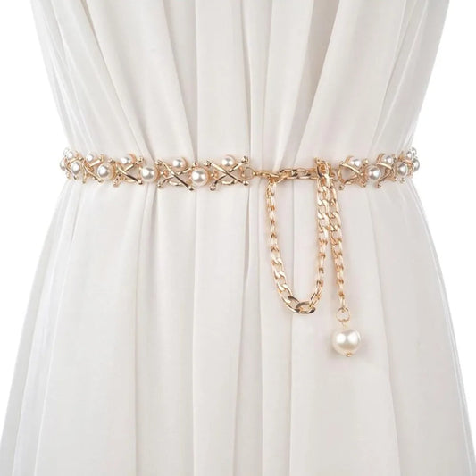 Women Metal Chain Dress Belt Bead Pendant Sweater Belt Decorated Waist Belt